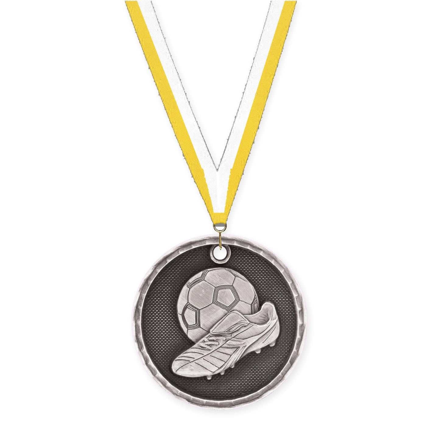 2 inch soccer 3-D medal in antique silver with Yellow White neck ribbon