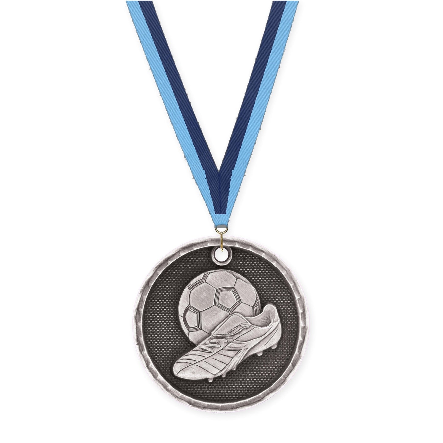2 inch soccer 3-D medal in antique silver with Light Blue Navy neck ribbon