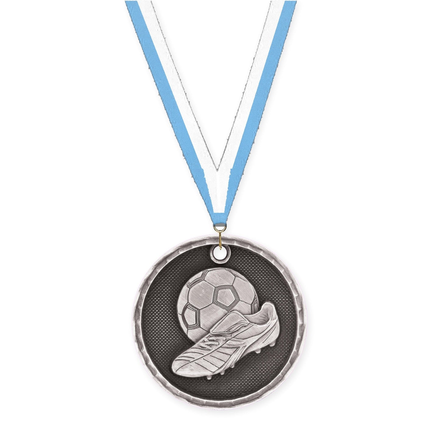 2 inch soccer 3-D medal in antique silver with Light Blue White neck ribbon