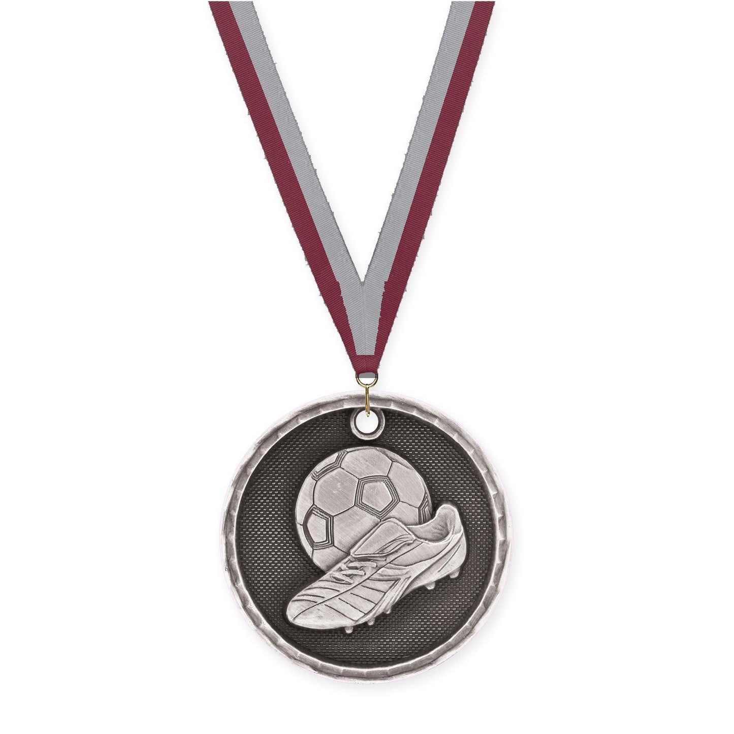 2 inch soccer 3-D medal in antique silver with Maroon Gray neck ribbon