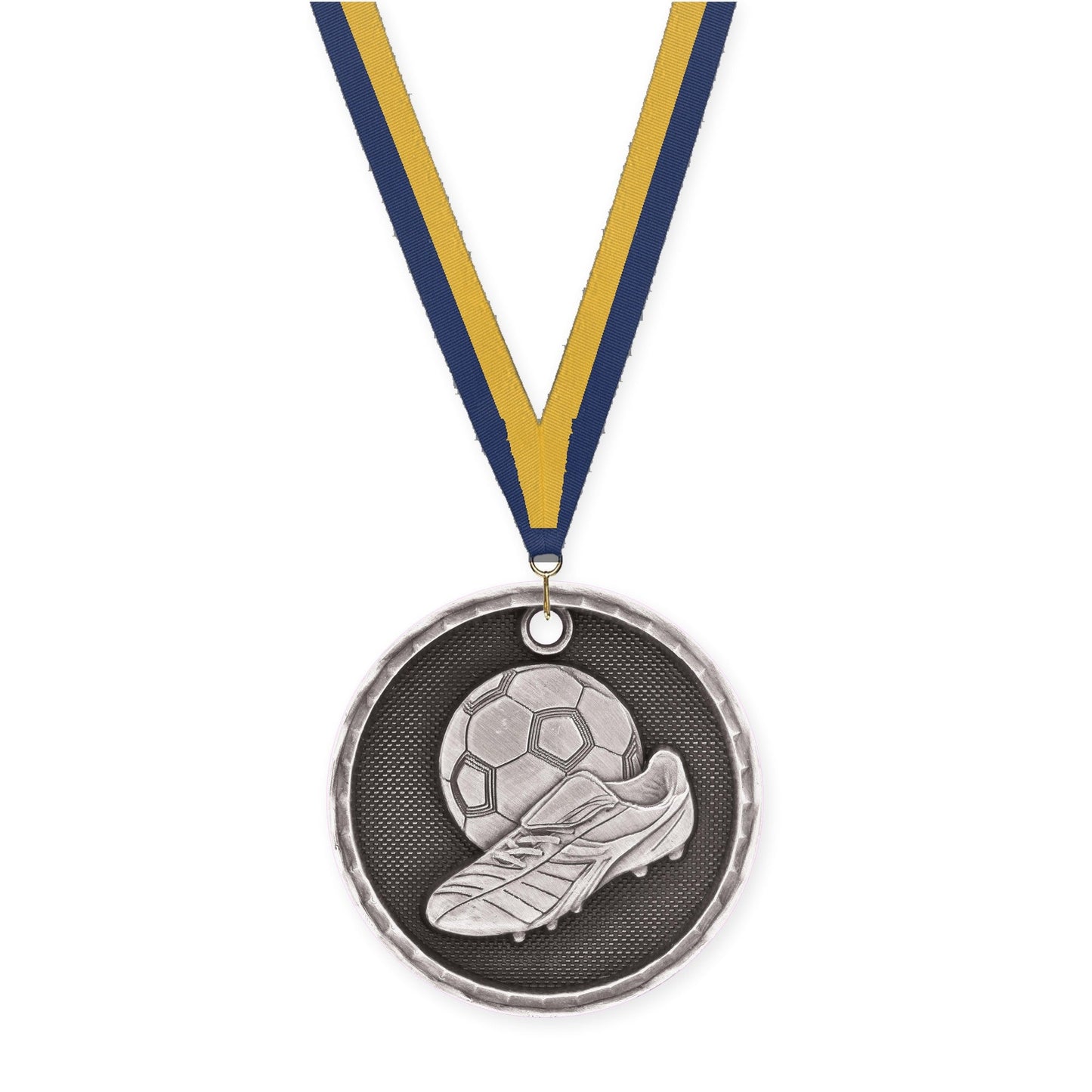 2 inch soccer 3-D medal in antique silver with Navy Gold neck ribbon