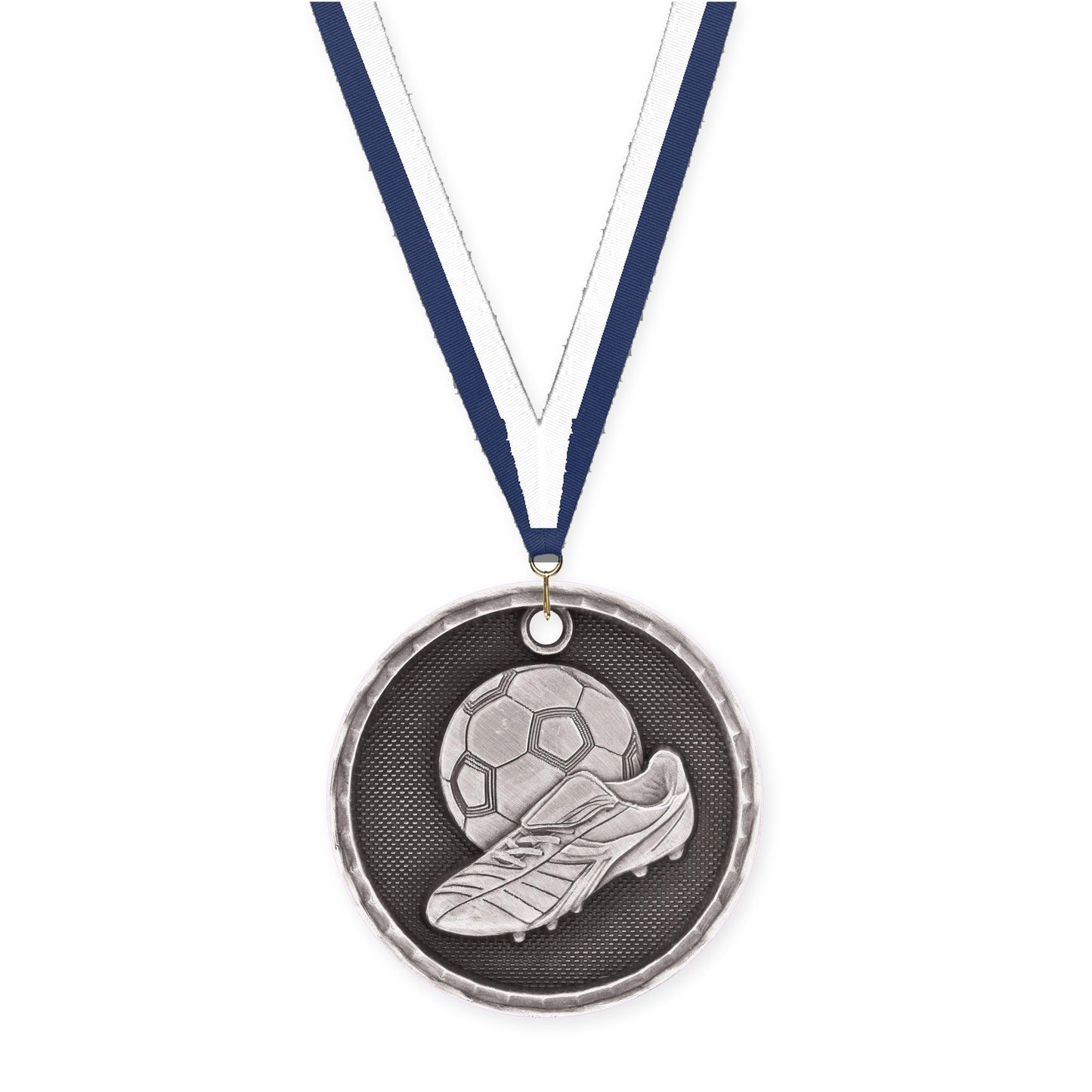 2 inch soccer 3-D medal in antique silver with Navy White neck ribbon