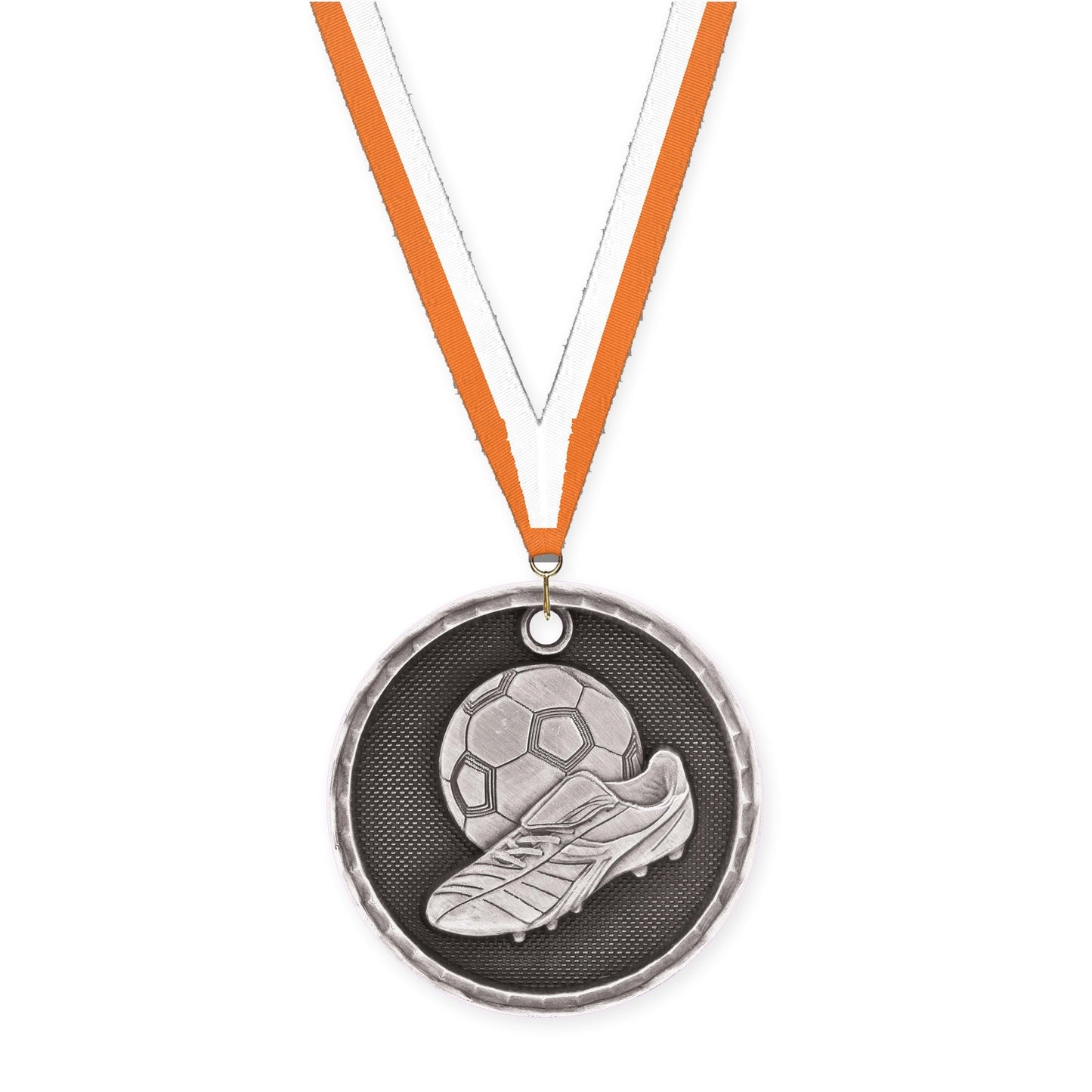 2 inch soccer 3-D medal in antique silver with Orange White neck ribbon
