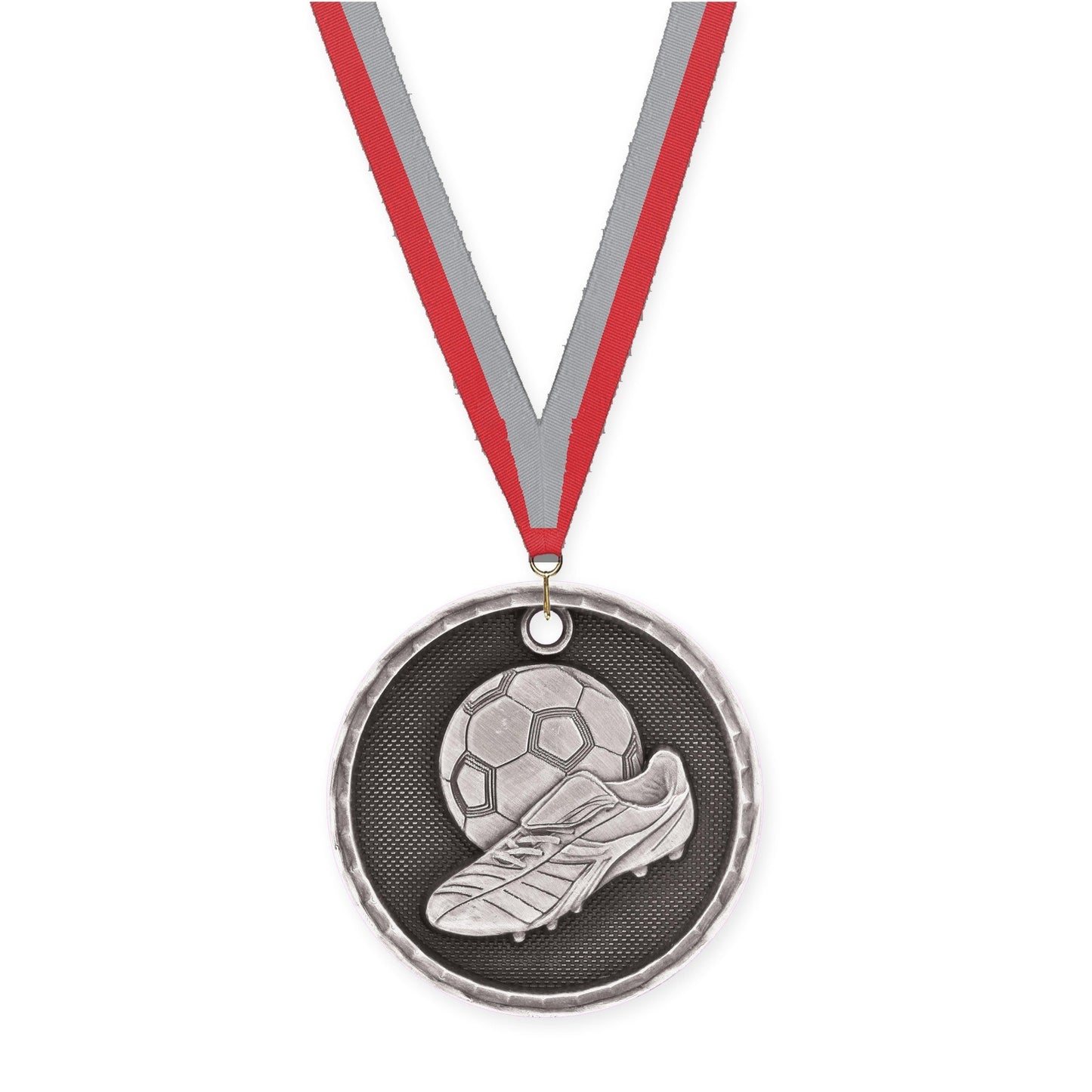 2 inch soccer 3-D medal in antique silver with Red Gray neck ribbon