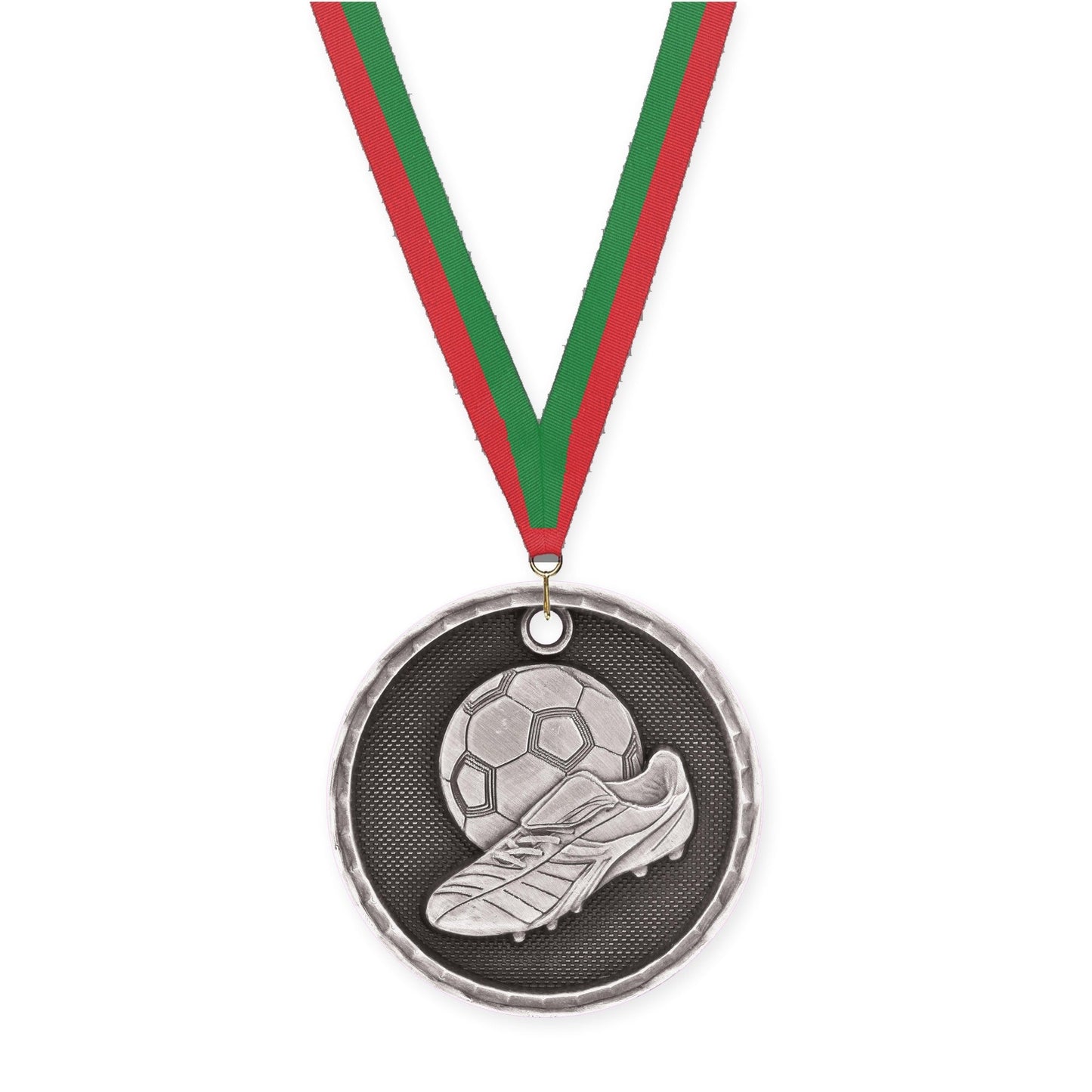 2 inch soccer 3-D medal in antique silver with Red Green neck ribbon