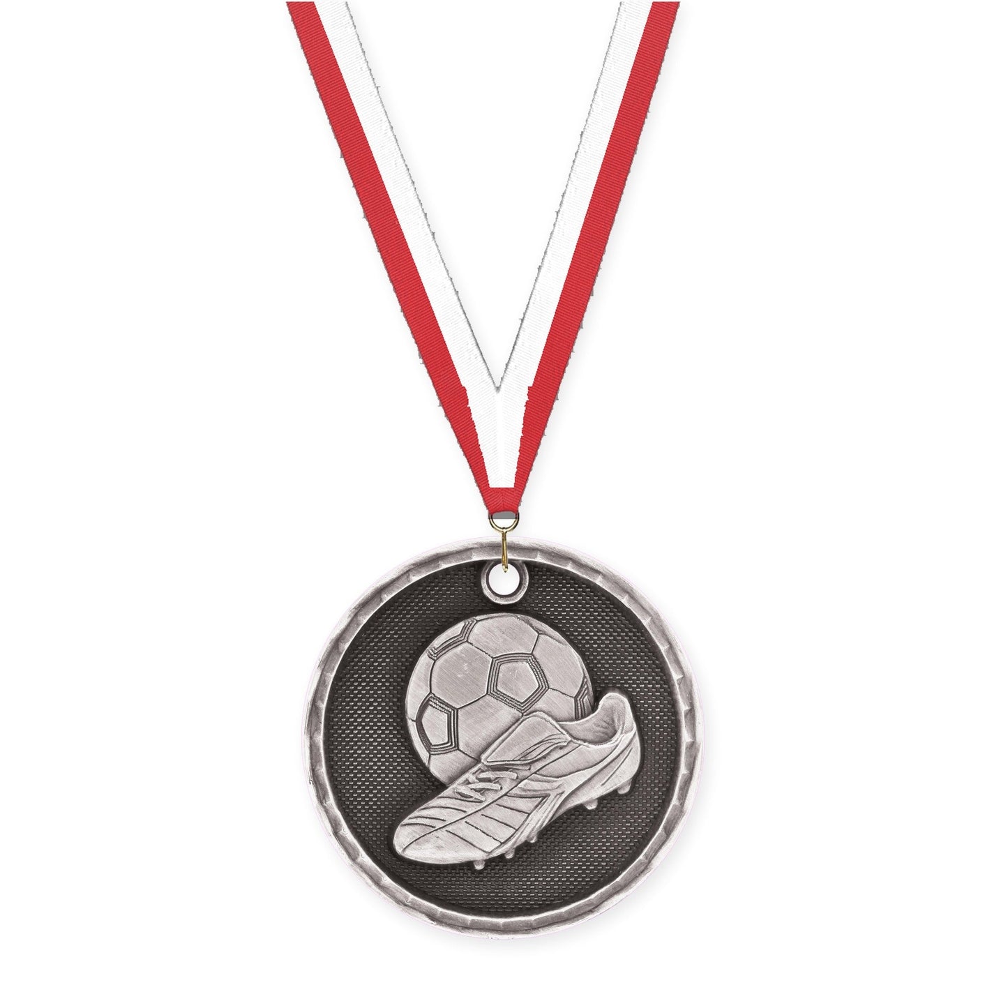2 inch soccer 3-D medal in antique silver with Red White neck ribbon