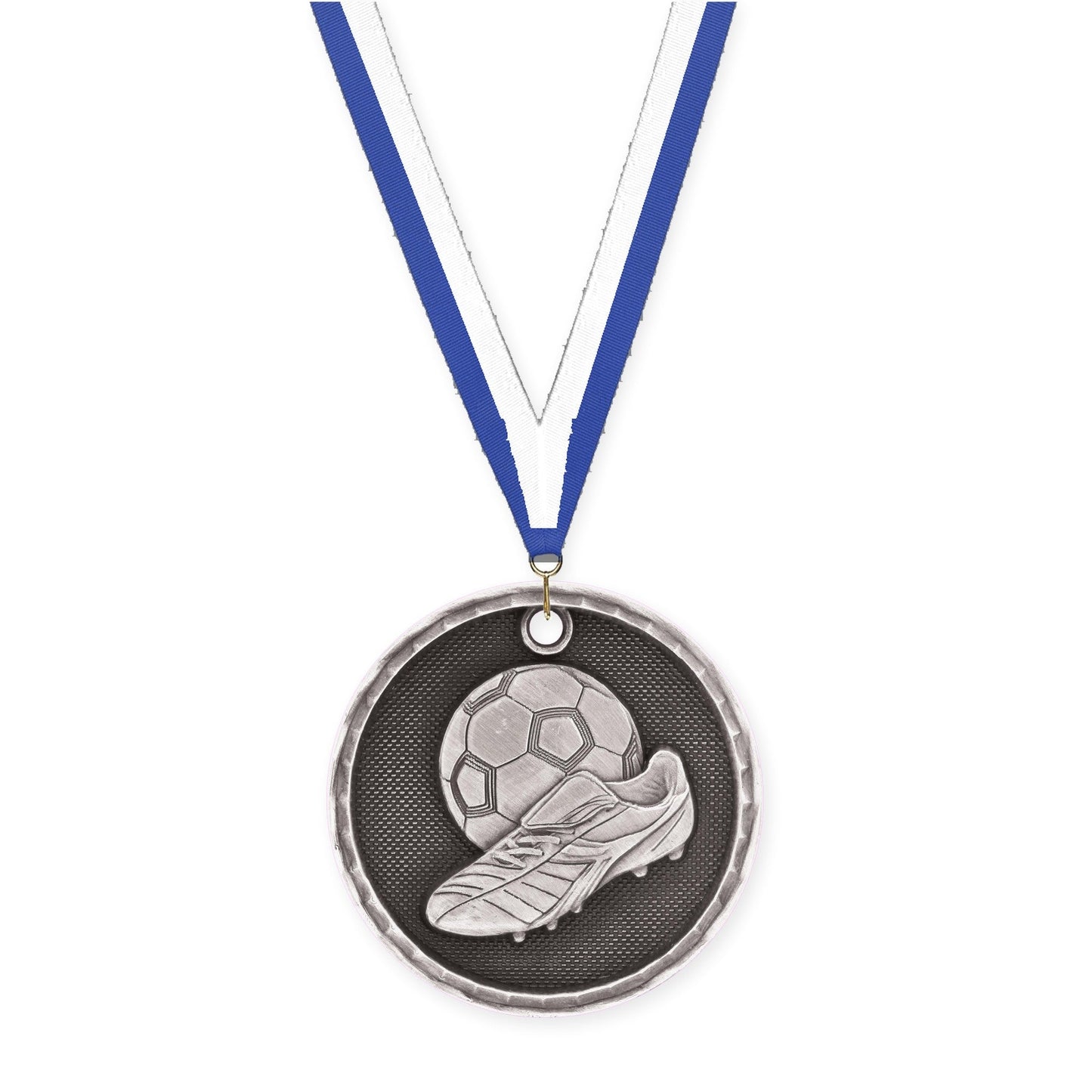 2 inch soccer 3-D medal in antique silver with Blue White neck ribbon
