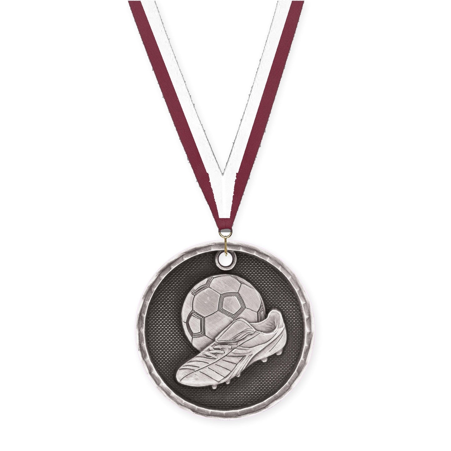 2 inch soccer 3-D medal in antique silver with Maroon White neck ribbon