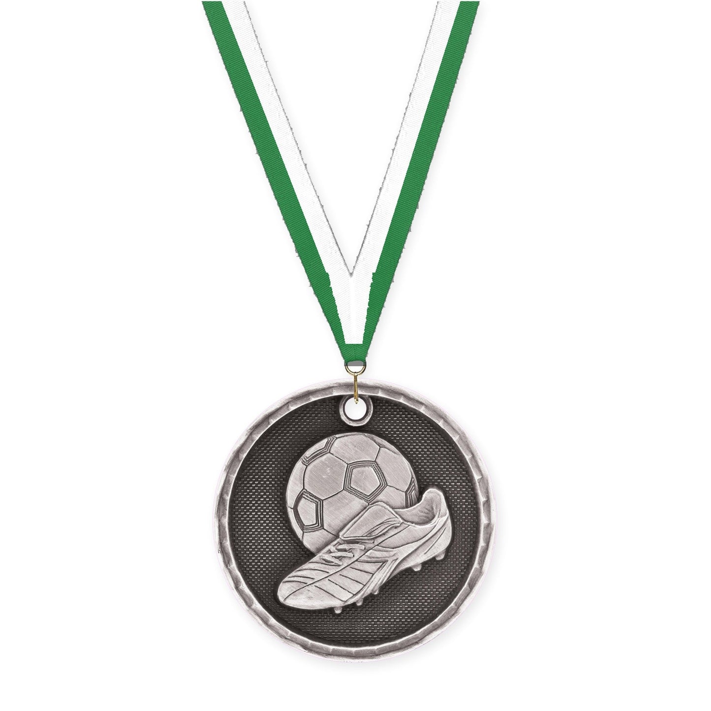 2 inch soccer 3-D medal in antique silver with Green White neck ribbon