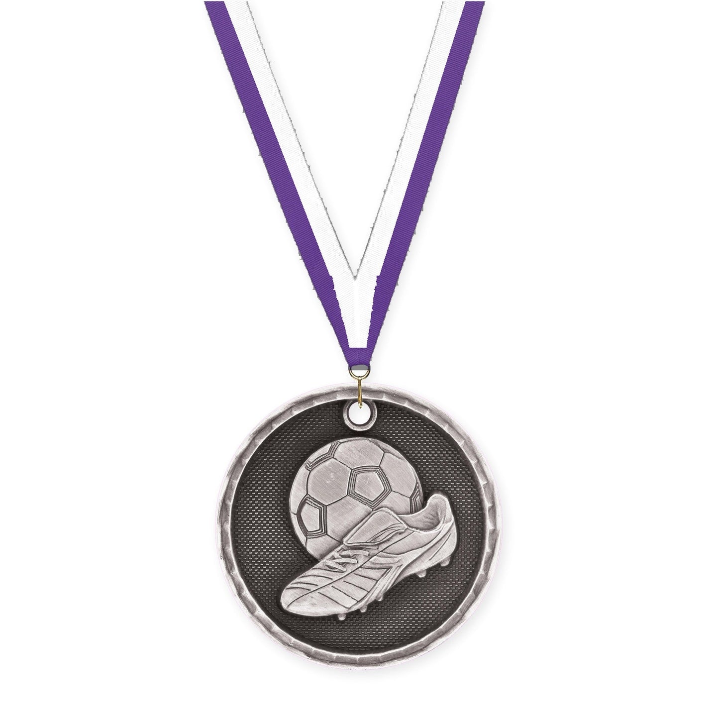 2 inch soccer 3-D medal in antique silver with Purple White neck ribbon