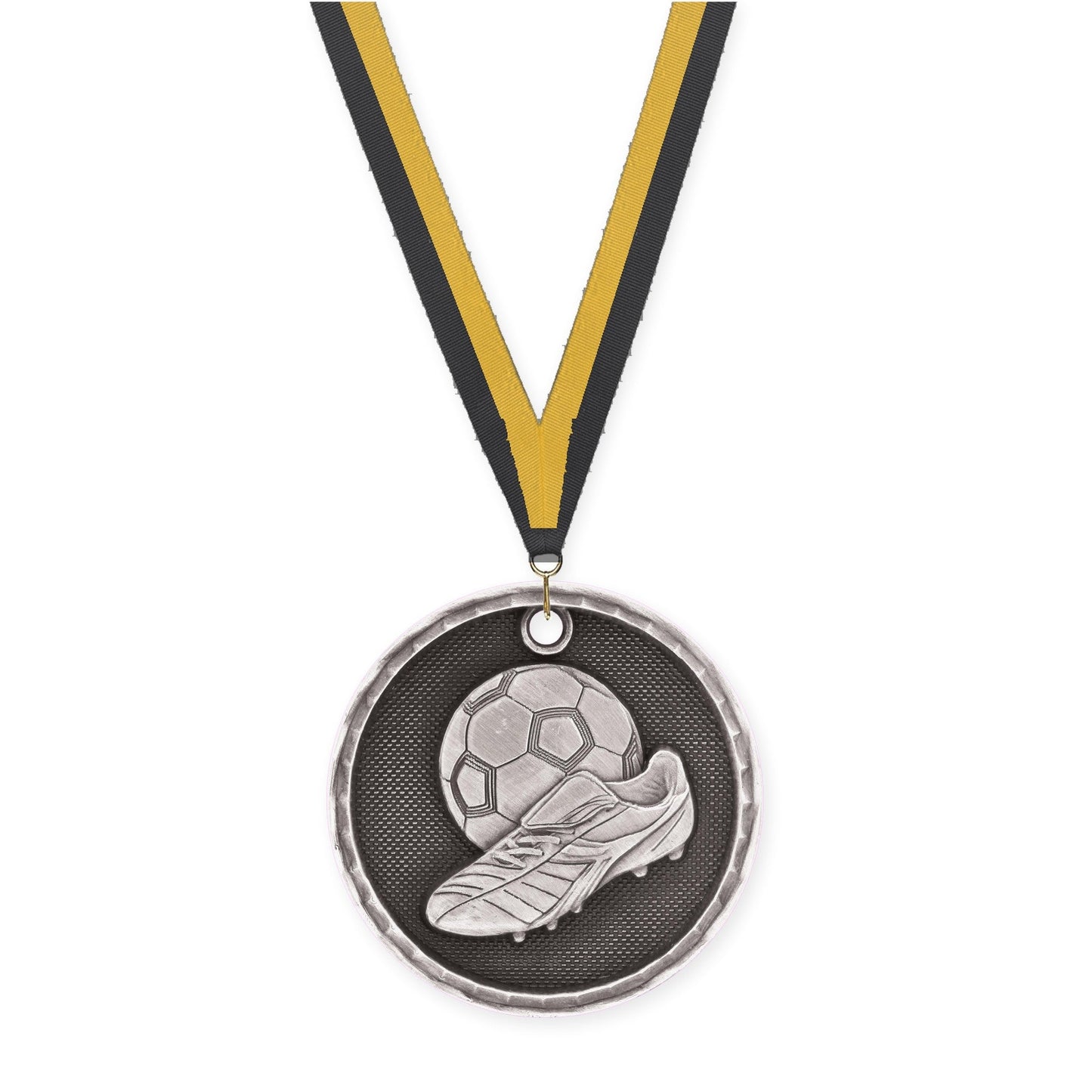 2 inch soccer 3-D medal in antique silver with Black Gold neck ribbon