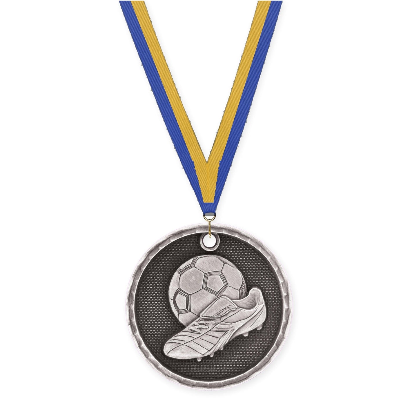 2 inch soccer 3-D medal in antique silver with Blue Gold neck ribbon