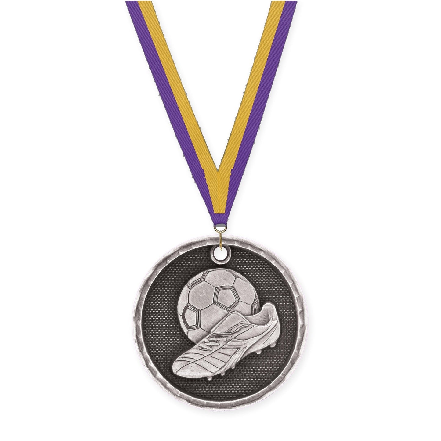 2 inch soccer 3-D medal in antique silver with Purple Gold neck ribbon