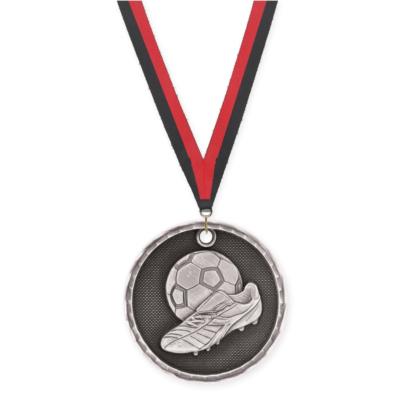 2 inch soccer 3-D medal in antique silver with Black Red neck ribbon