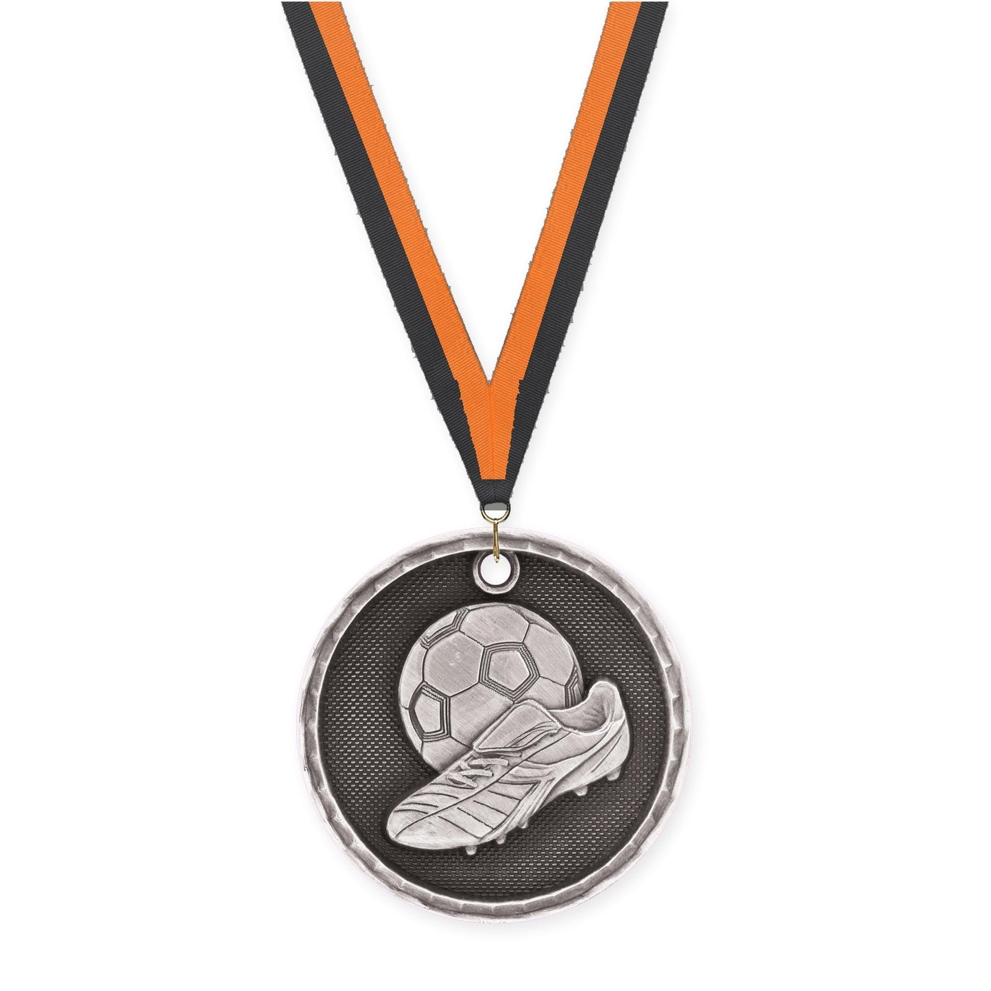2 inch soccer 3-D medal in antique silver with Black Orange neck ribbon