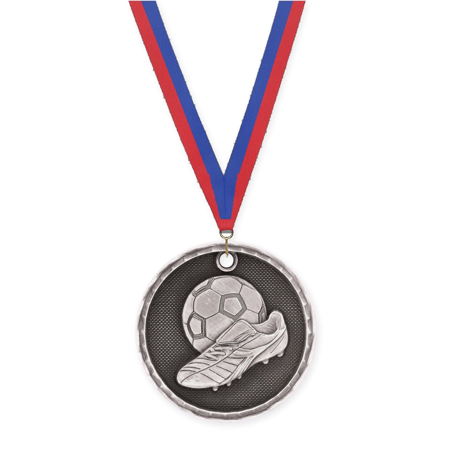 2 inch soccer 3-D medal in antique silver with Blue Red neck ribbon