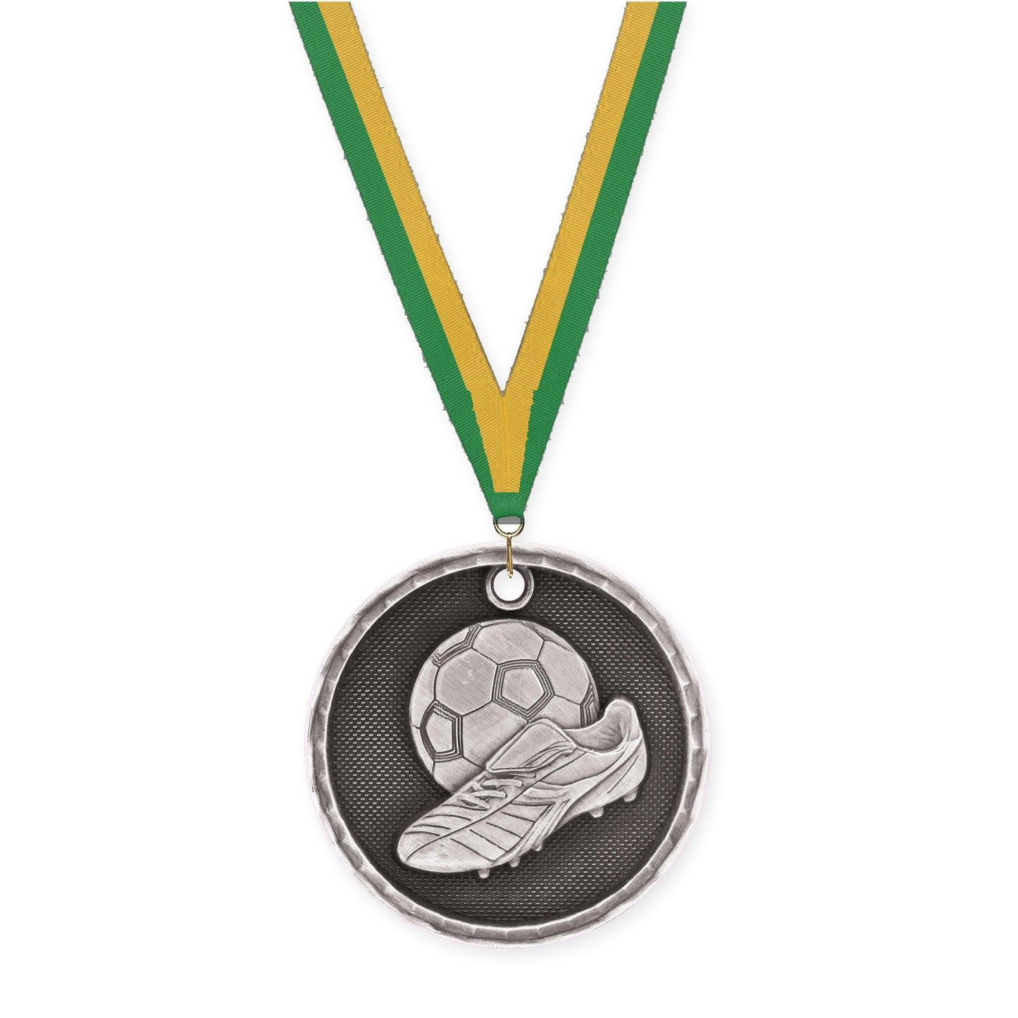 2 inch soccer 3-D medal in antique silver with Green Gold neck ribbon