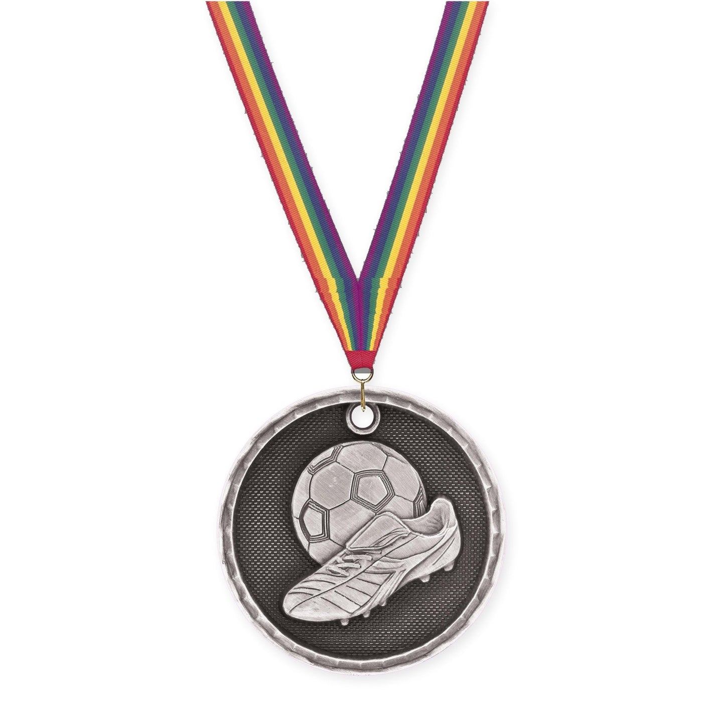 2 inch soccer 3-D medal in antique silver with Rainbow neck ribbon