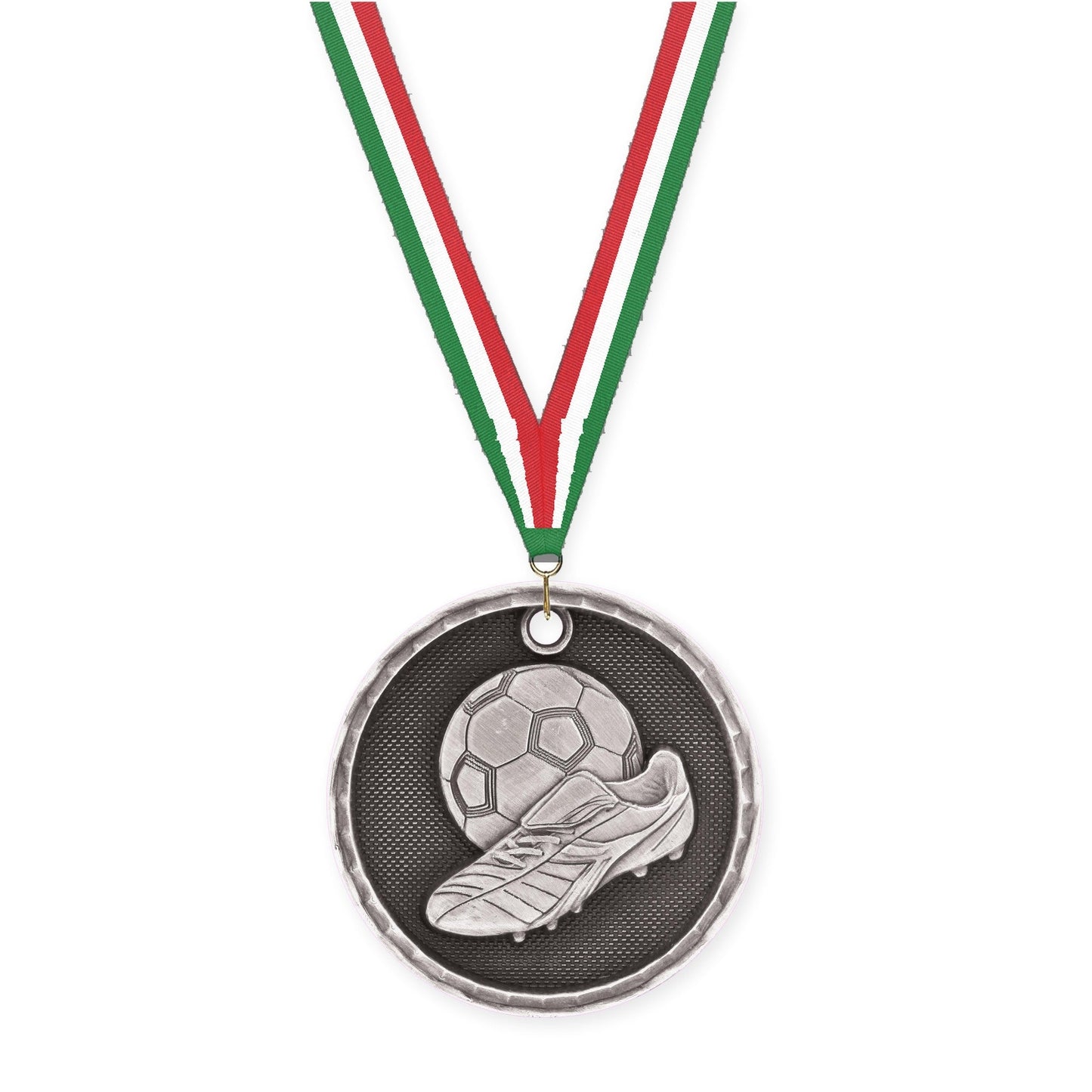 2 inch soccer 3-D medal in antique silver with Green White Red neck ribbon