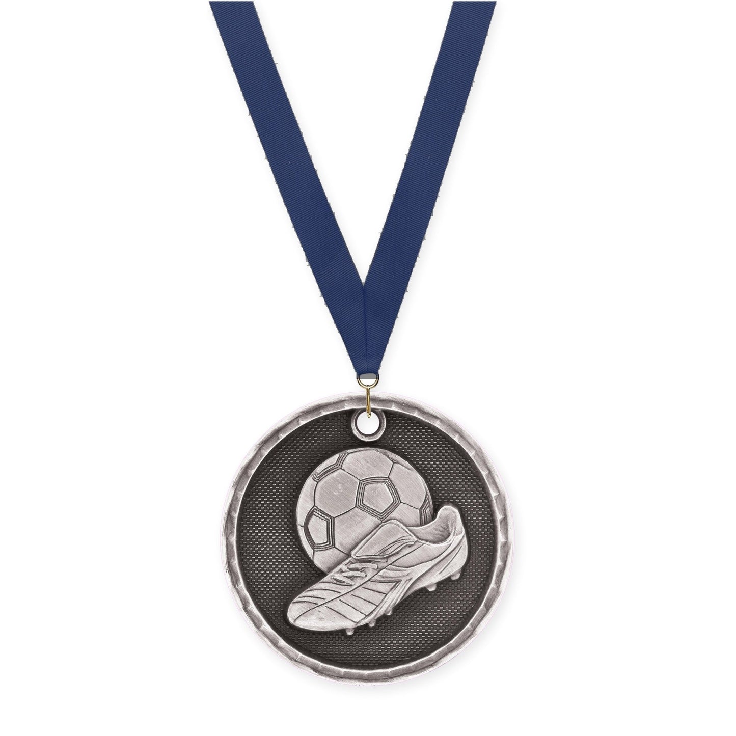 2 inch soccer 3-D medal in antique silver with Navy neck ribbon