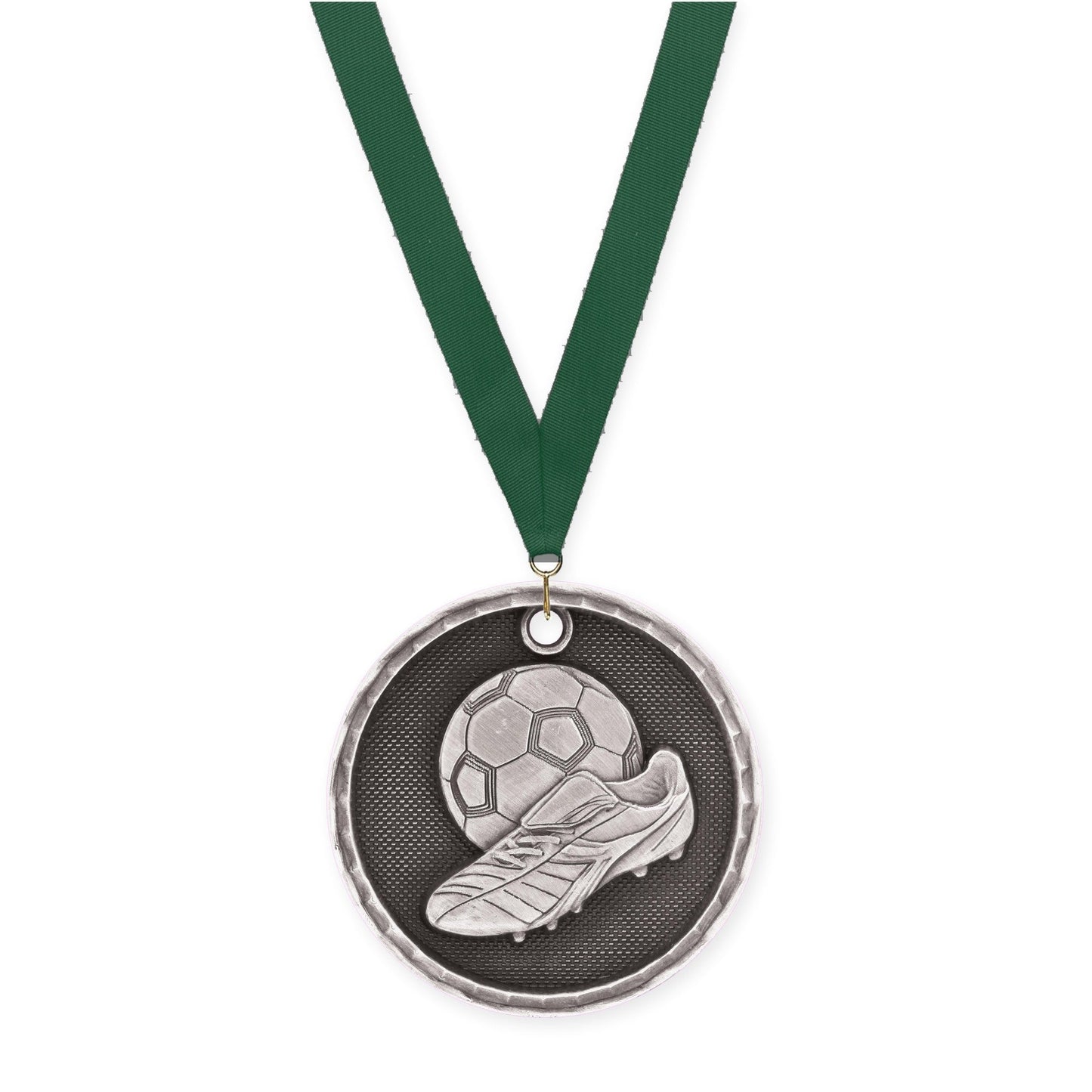 2 inch soccer 3-D medal in antique silver with Hunter Green neck ribbon