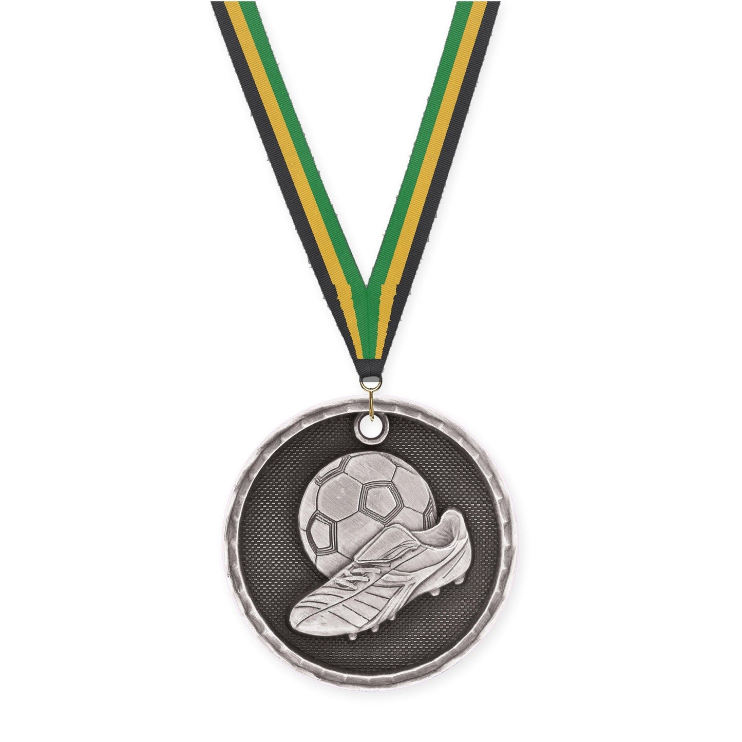 2 inch soccer 3-D medal in antique silver with Black Gold Green neck ribbon