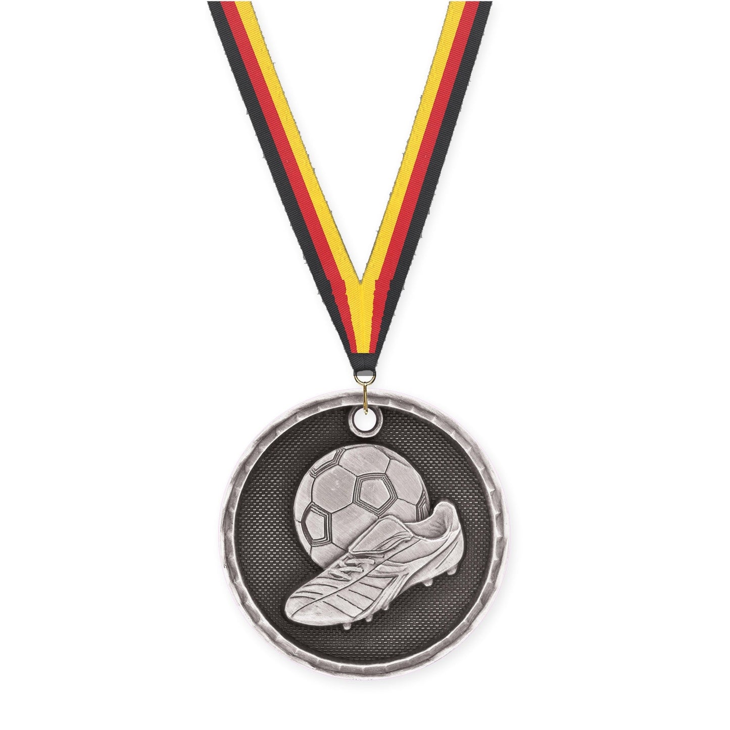 2 inch soccer 3-D medal in antique silver with Black Red Yellow neck ribbon
