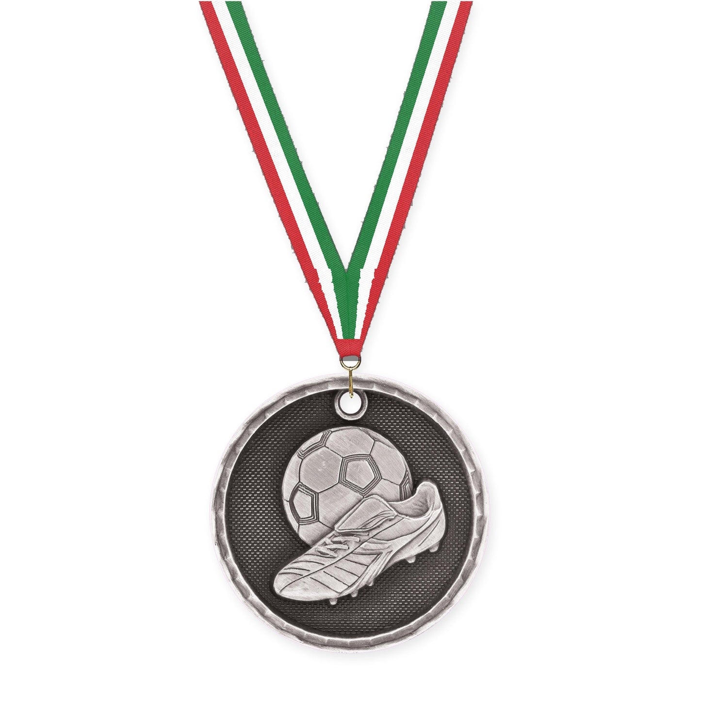 2 inch soccer 3-D medal in antique silver with Red White Green neck ribbon