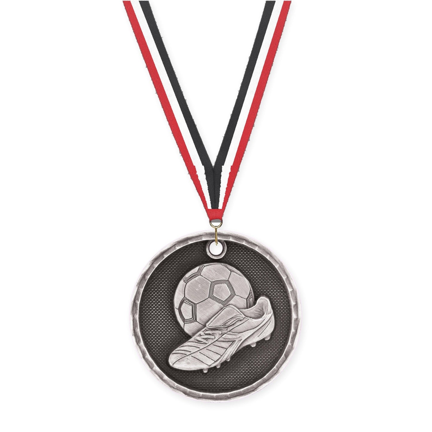 2 inch soccer 3-D medal in antique silver with Red White Black neck ribbon