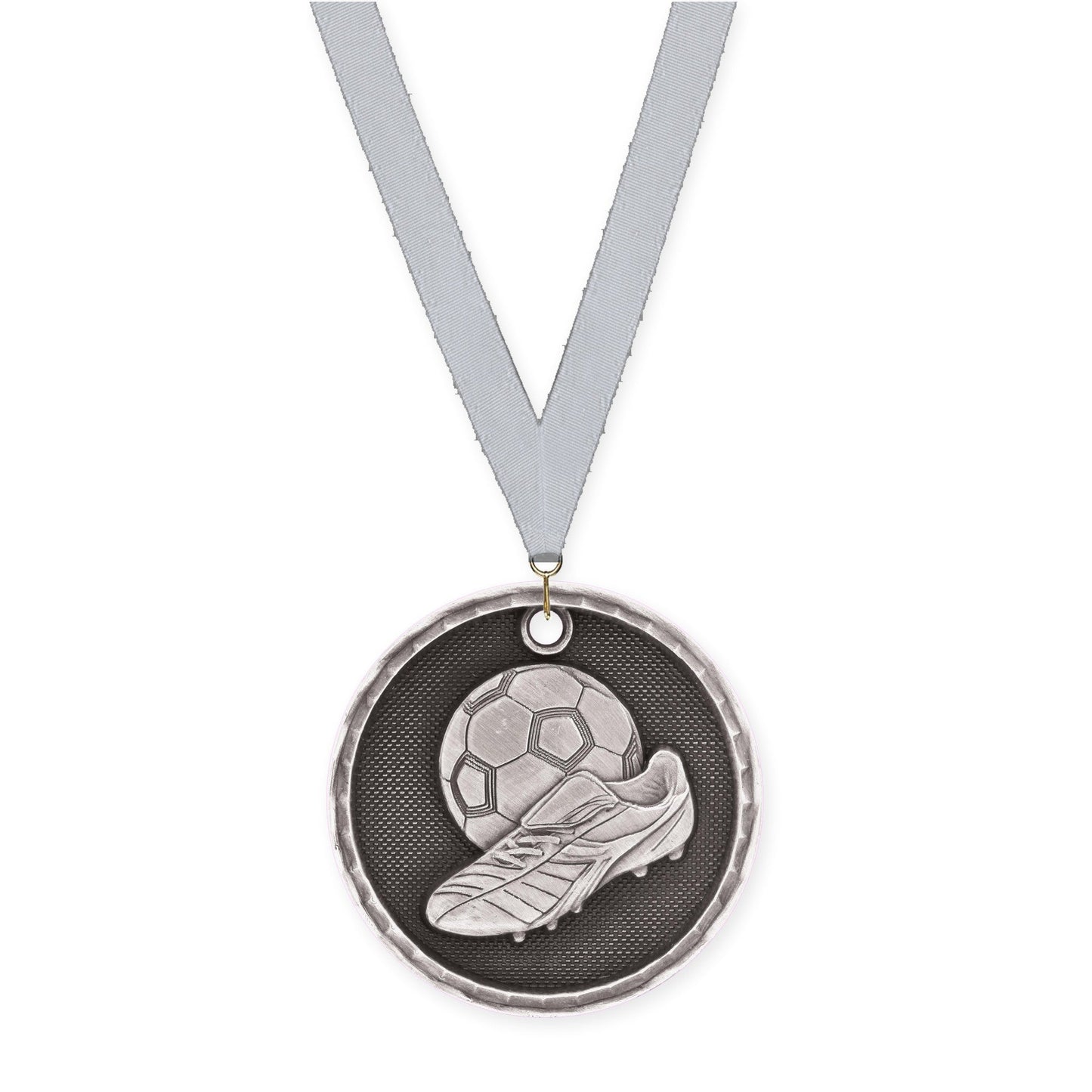 2 inch soccer 3-D medal in antique silver with Silver Metallic neck ribbon