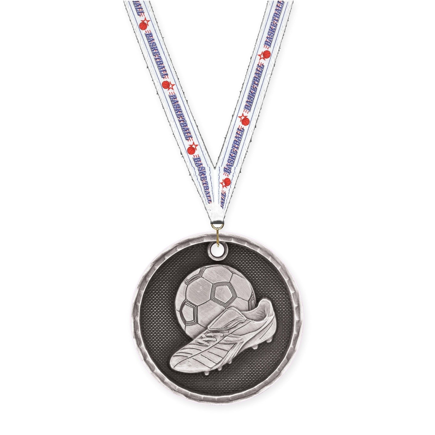 2 inch soccer 3-D medal in antique silver with Basketball neck ribbon