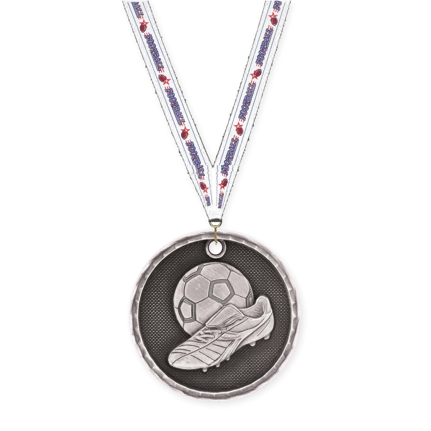 2 inch soccer 3-D medal in antique silver with Football neck ribbon