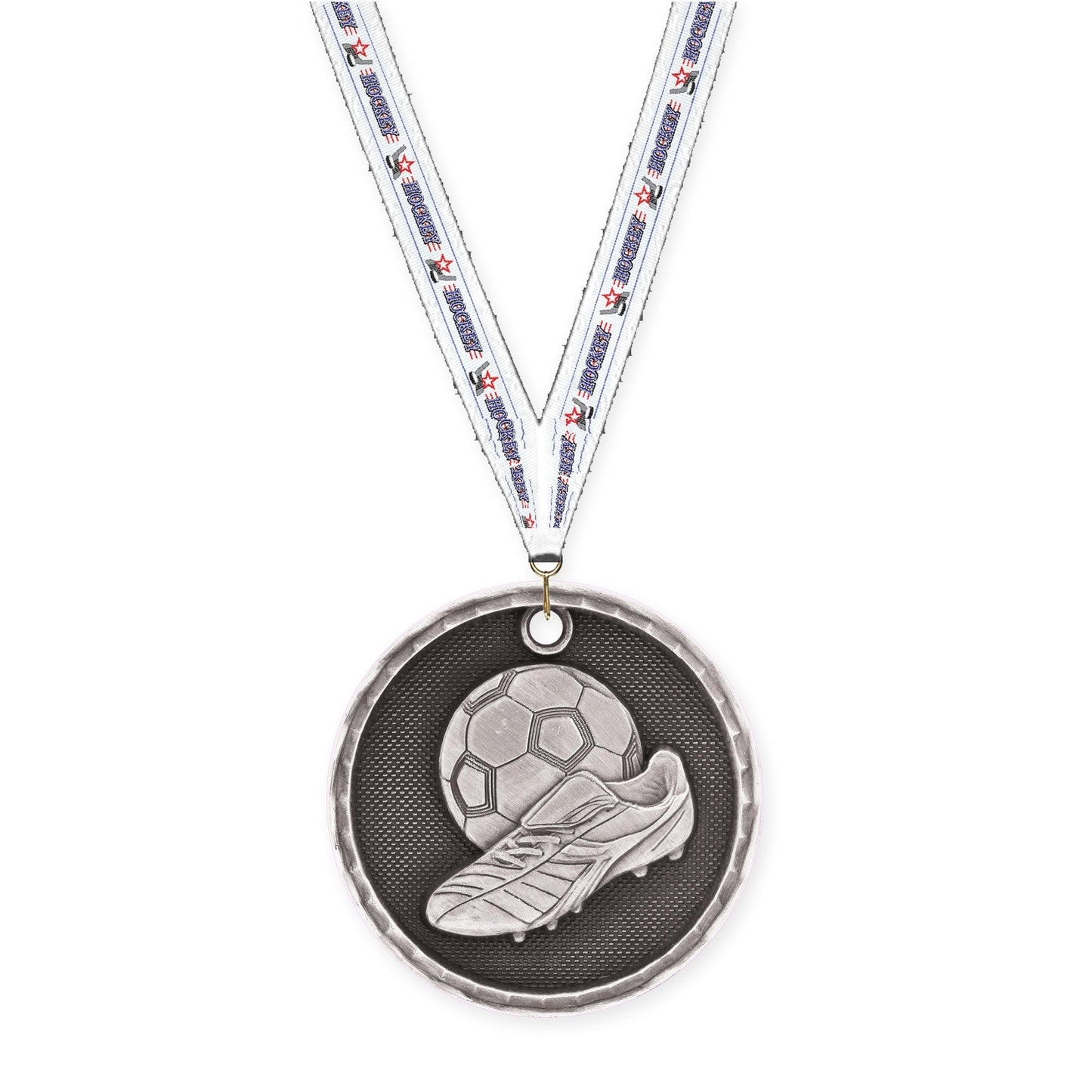 2 inch soccer 3-D medal in antique silver with Hockey neck ribbon