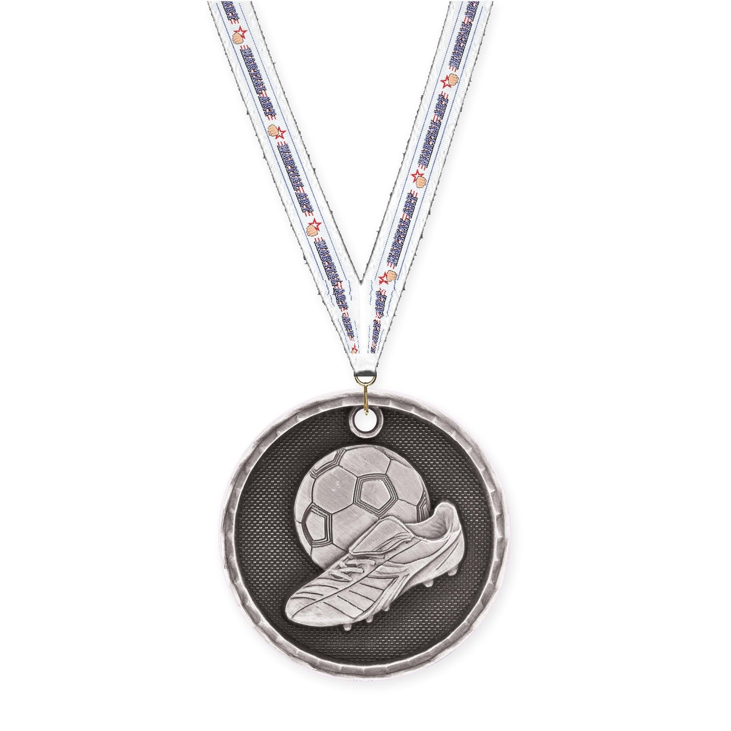 2 inch soccer 3-D medal in antique silver with Martial Arts neck ribbon