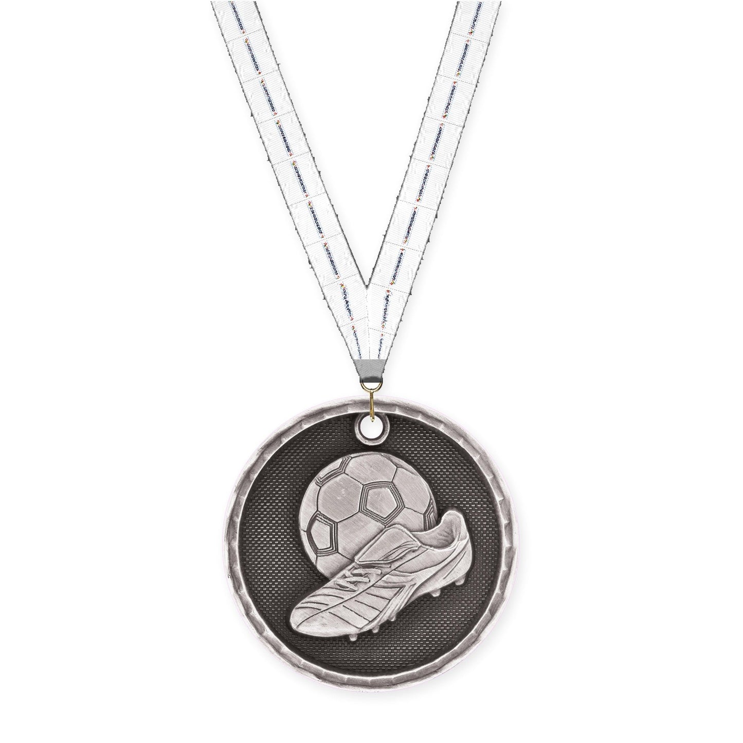 2 inch soccer 3-D medal in antique silver with Lamp Of Knowledge neck ribbon