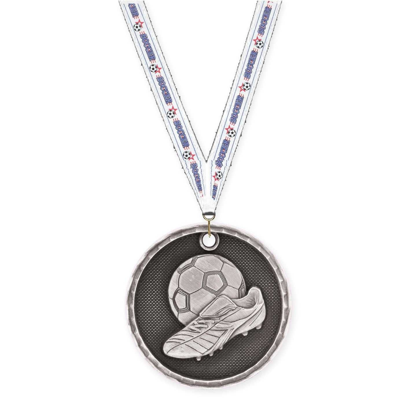 2 inch soccer 3-D medal in antique silver with Soccer neck ribbon