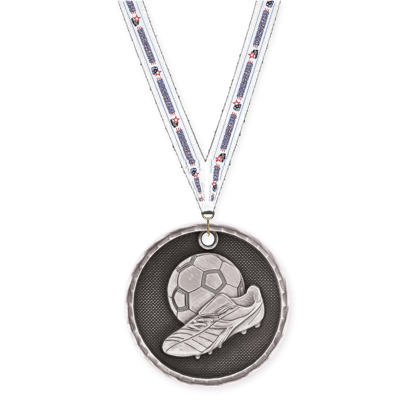 2 inch soccer 3-D medal in antique silver with Wrestling neck ribbon