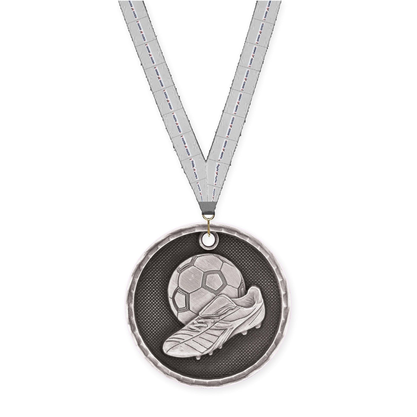 2 inch soccer 3-D medal in antique silver with Auto Racing neck ribbon