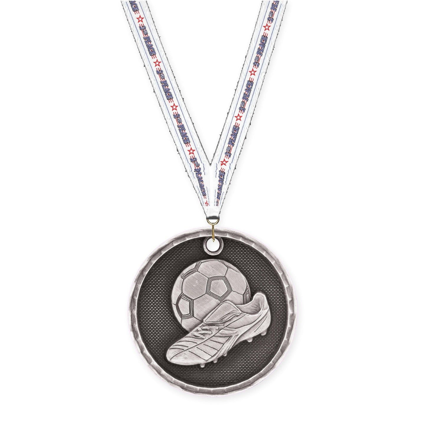 2 inch soccer 3-D medal in antique silver with 2nd Place neck ribbon
