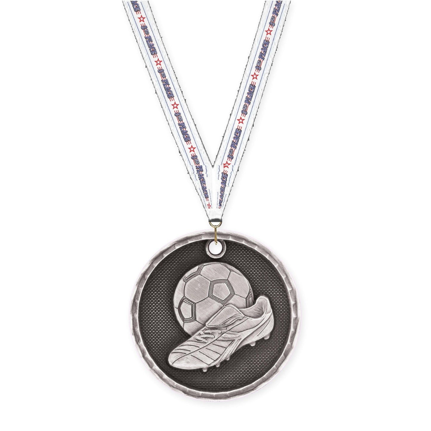 2 inch soccer 3-D medal in antique silver with 3rd Place neck ribbon