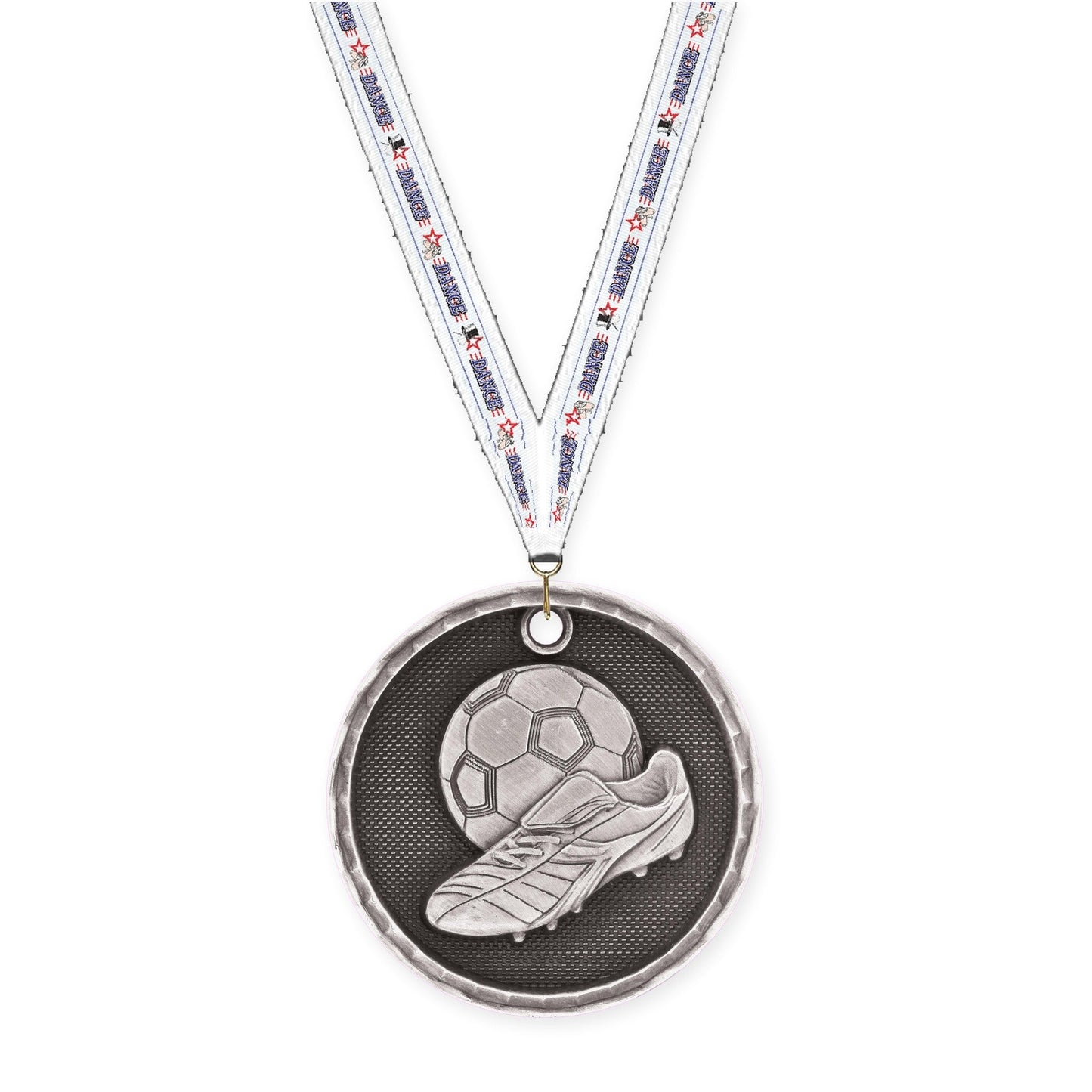 2 inch soccer 3-D medal in antique silver with Dance neck ribbon
