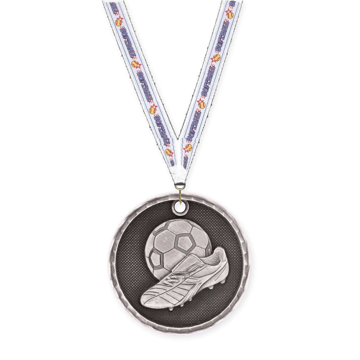 2 inch soccer 3-D medal in antique silver with Softball neck ribbon