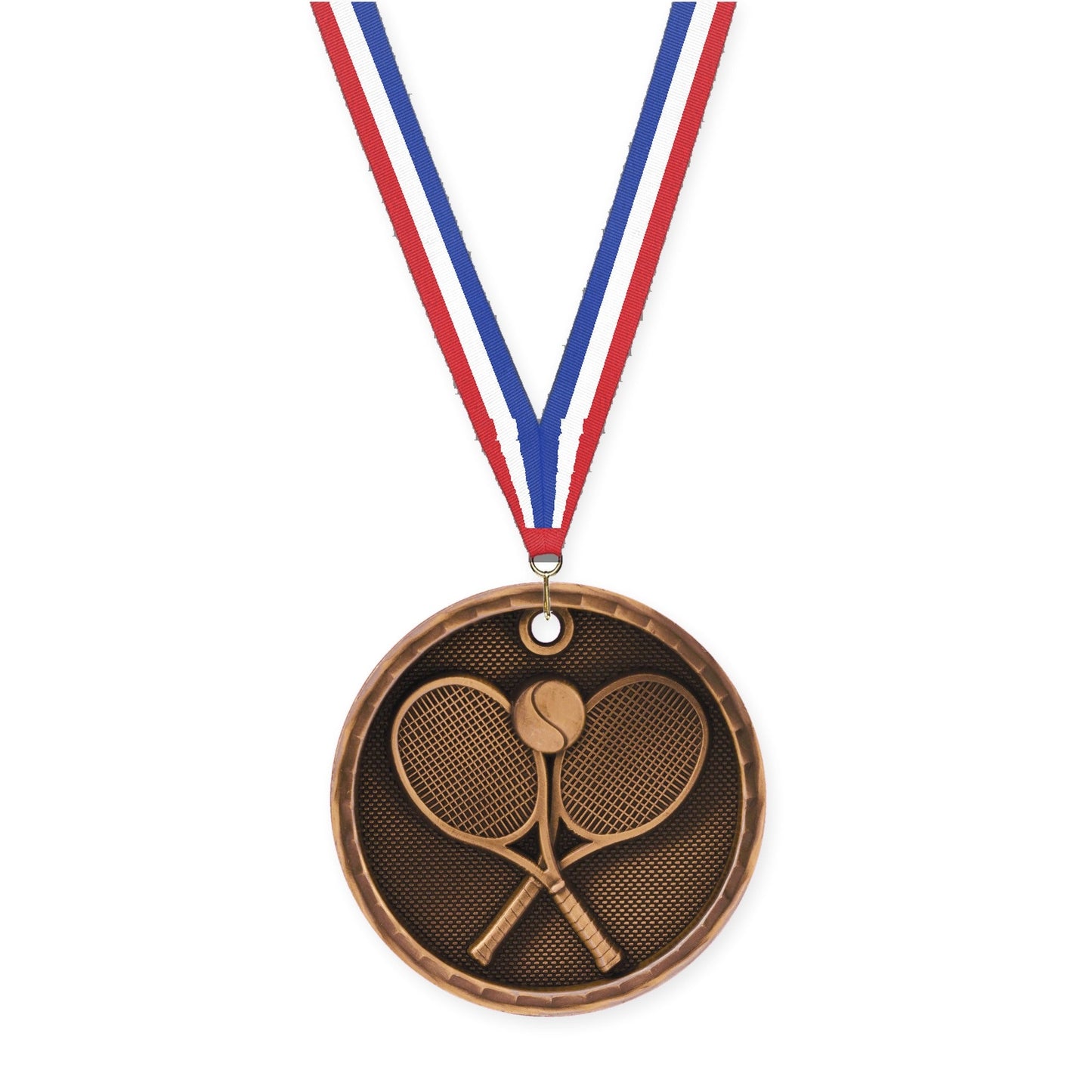 2 inch tennis 3-D medal in antique bronze with Red White Blue neck ribbon