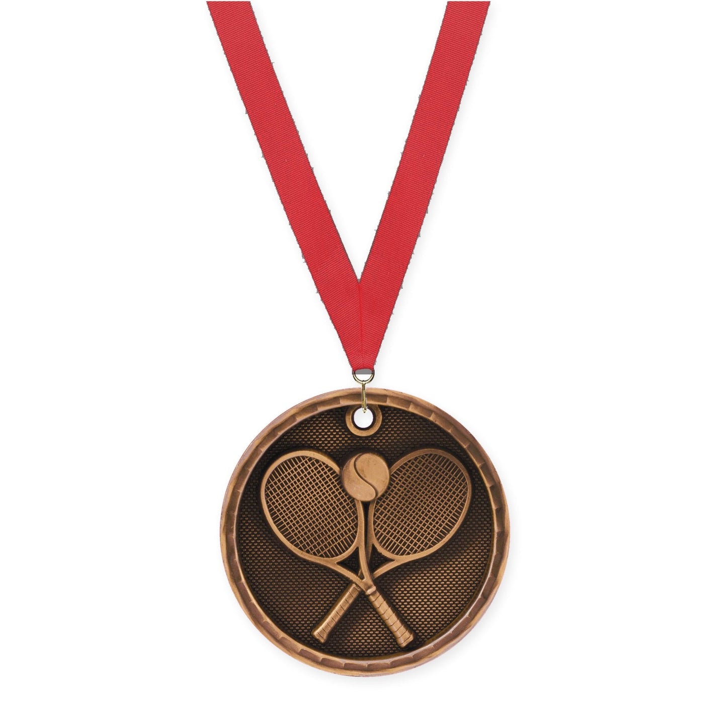 2 inch tennis 3-D medal in antique bronze with Red neck ribbon