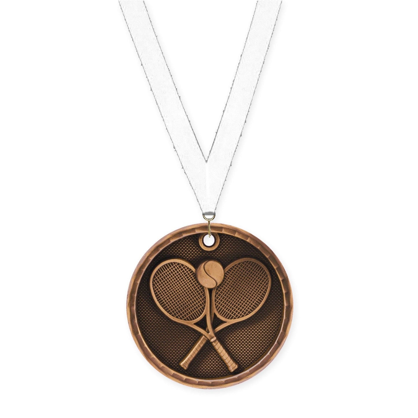 2 inch tennis 3-D medal in antique bronze with White neck ribbon