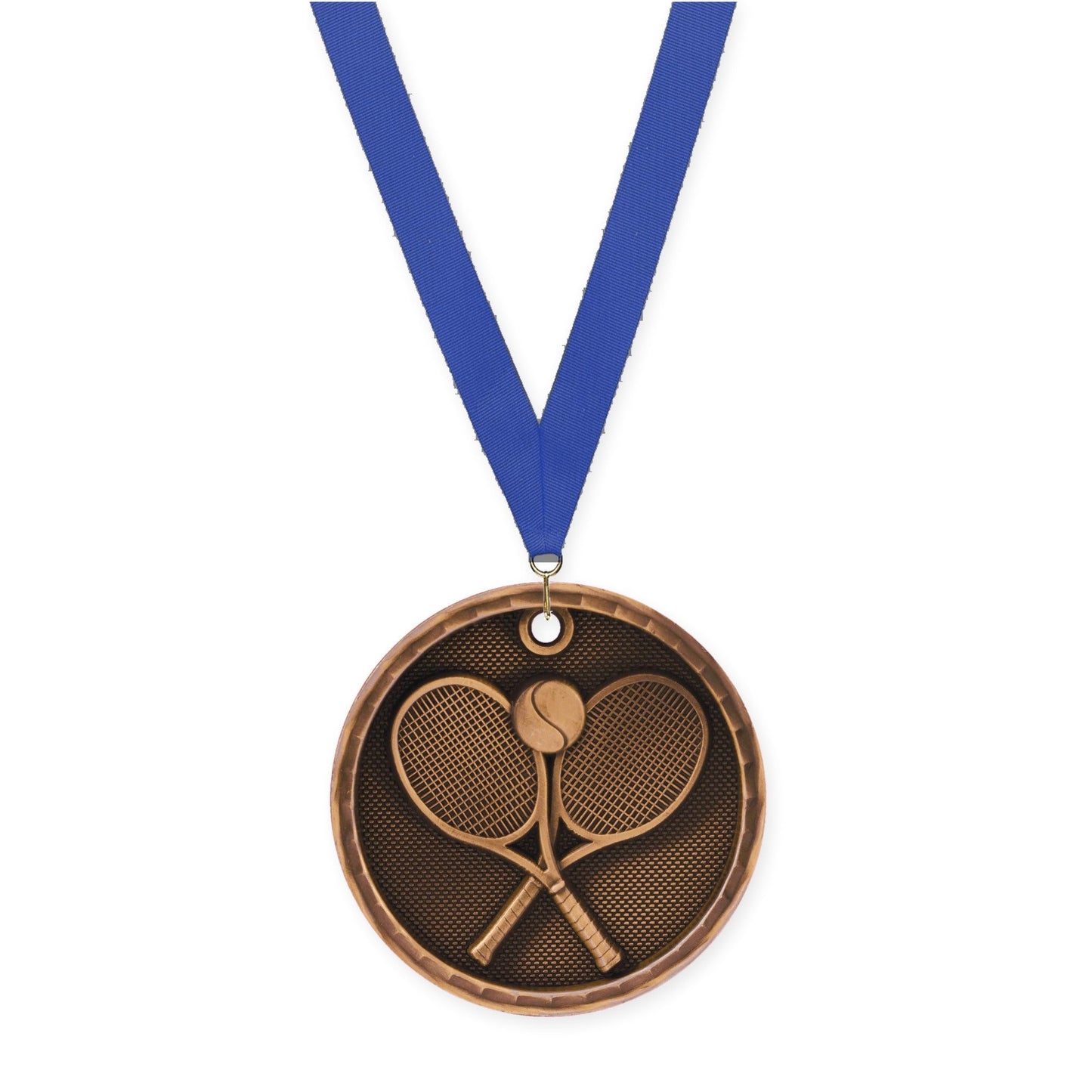 2 inch tennis 3-D medal in antique bronze with Blue neck ribbon