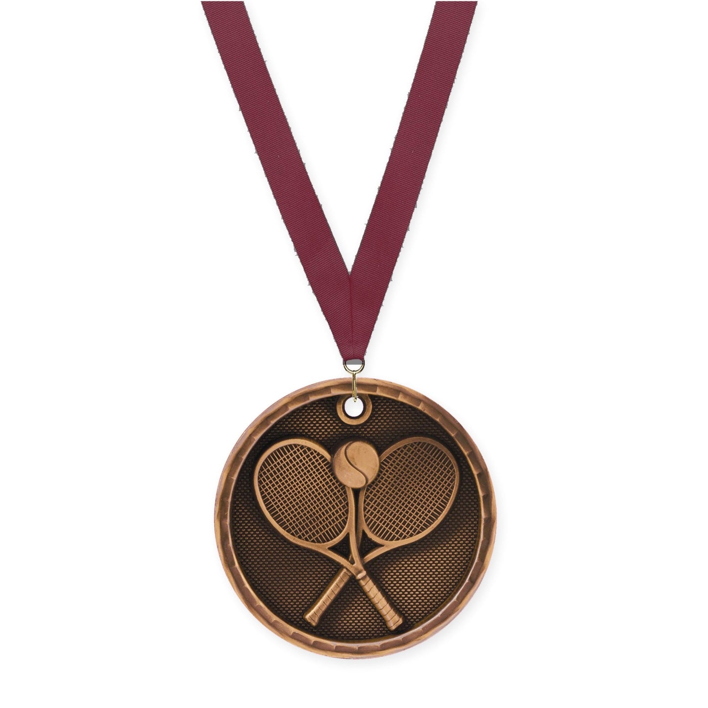 2 inch tennis 3-D medal in antique bronze with Maroon neck ribbon