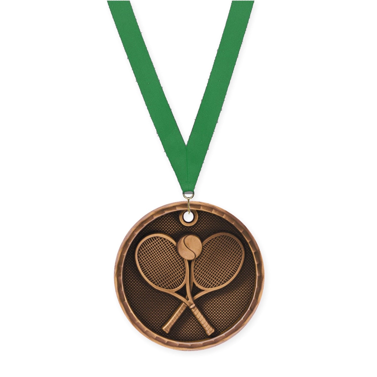 2 inch tennis 3-D medal in antique bronze with Green neck ribbon