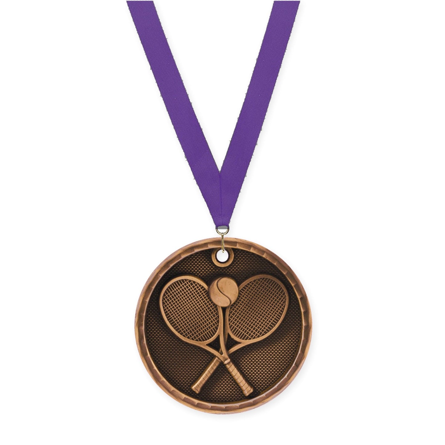 2 inch tennis 3-D medal in antique bronze with Purple neck ribbon