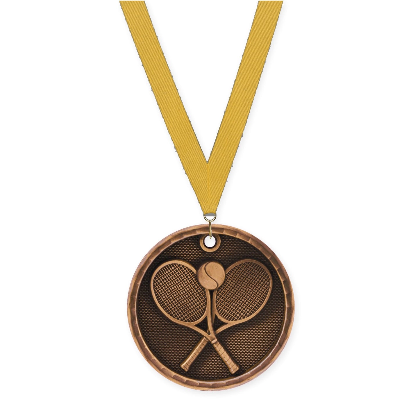 2 inch tennis 3-D medal in antique bronze with Gold neck ribbon